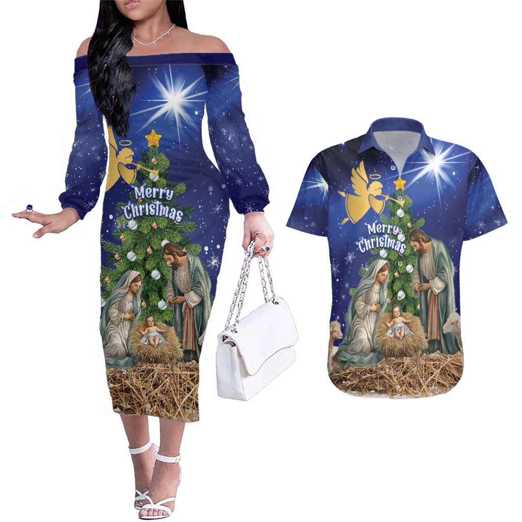 Lithuania Christmas Couples Matching Off The Shoulder Long Sleeve Dress and Hawaiian Shirt Chistmas Begin With Christ - Wonder Print Shop