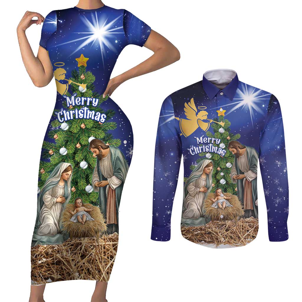 Lithuania Christmas Couples Matching Short Sleeve Bodycon Dress and Long Sleeve Button Shirt Chistmas Begin With Christ - Wonder Print Shop