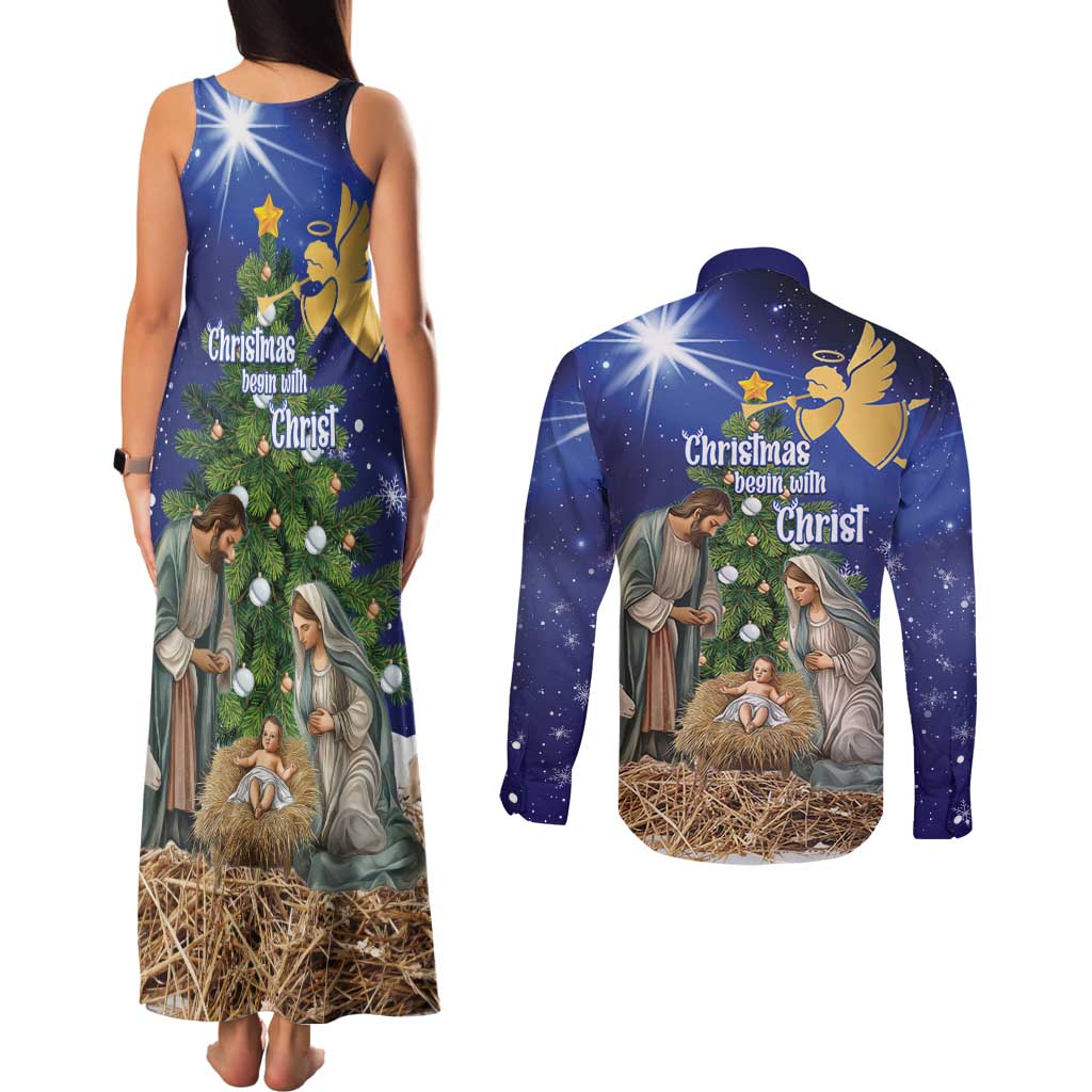 Lithuania Christmas Couples Matching Tank Maxi Dress and Long Sleeve Button Shirt Chistmas Begin With Christ - Wonder Print Shop