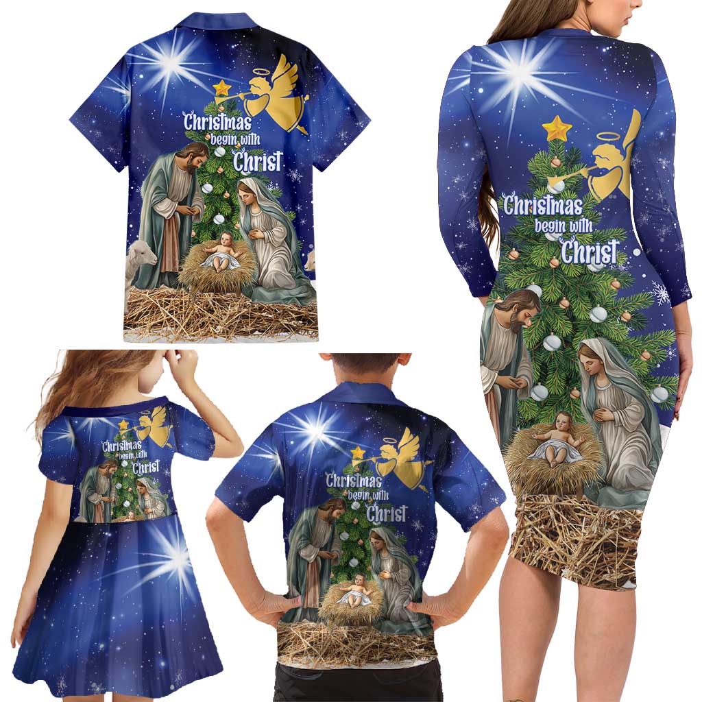 Lithuania Christmas Family Matching Long Sleeve Bodycon Dress and Hawaiian Shirt Chistmas Begin With Christ - Wonder Print Shop