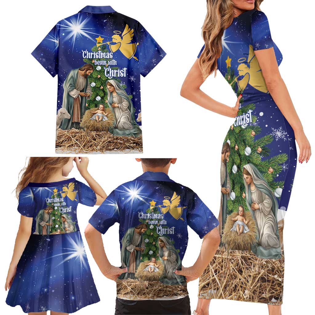Lithuania Christmas Family Matching Short Sleeve Bodycon Dress and Hawaiian Shirt Chistmas Begin With Christ - Wonder Print Shop