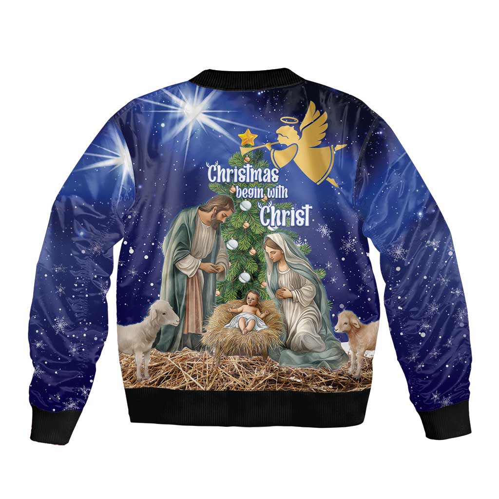 Lithuania Christmas Sleeve Zip Bomber Jacket Chistmas Begin With Christ - Wonder Print Shop