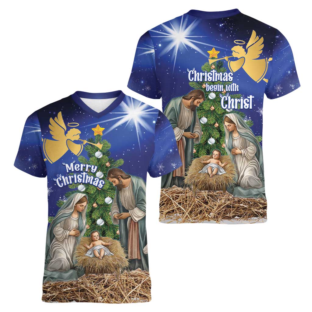 Lithuania Christmas Women V-Neck T-Shirt Chistmas Begin With Christ - Wonder Print Shop