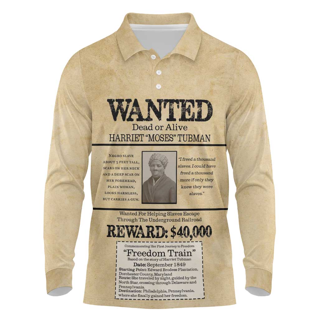 WANTED for Freedom Long Sleeve Polo Shirt Harriet Moses Tubman - Wonder Print Shop