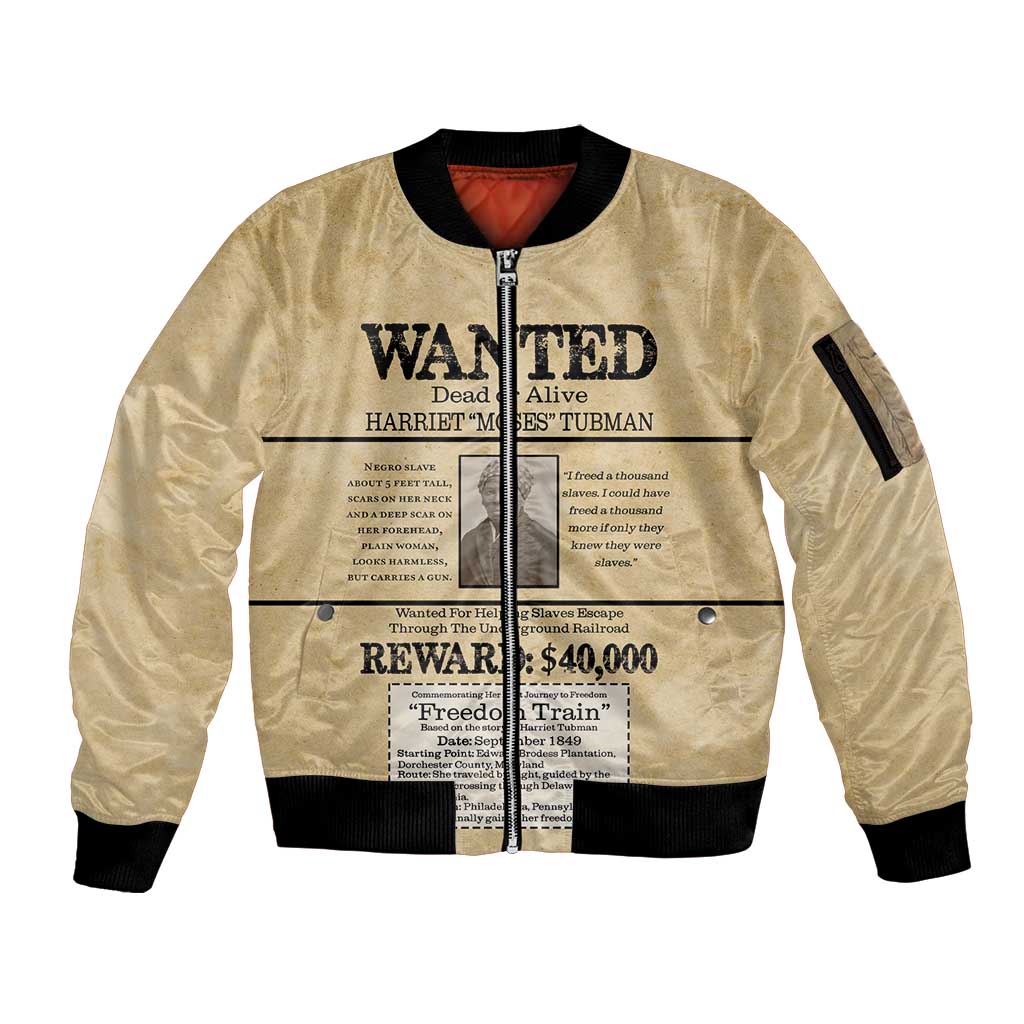 WANTED for Freedom Sleeve Zip Bomber Jacket Harriet Moses Tubman - Wonder Print Shop