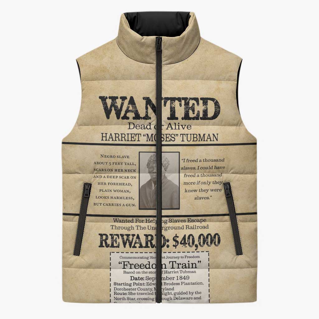 WANTED for Freedom Sleeveless Puffer Jacket Harriet Moses Tubman - Wonder Print Shop