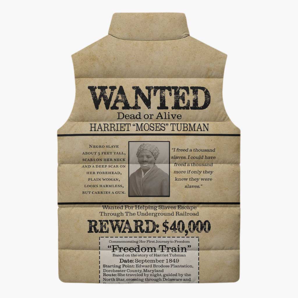 WANTED for Freedom Sleeveless Puffer Jacket Harriet Moses Tubman - Wonder Print Shop
