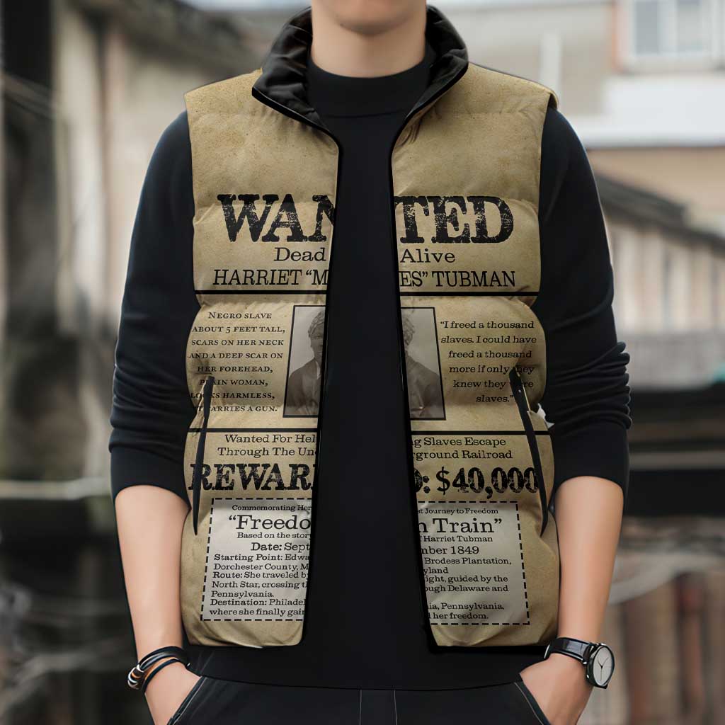 WANTED for Freedom Sleeveless Puffer Jacket Harriet Moses Tubman - Wonder Print Shop