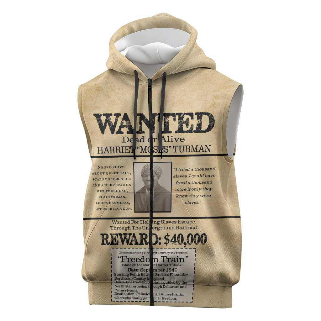 WANTED for Freedom Sleeveless Zip Hoodie Harriet Moses Tubman - Wonder Print Shop