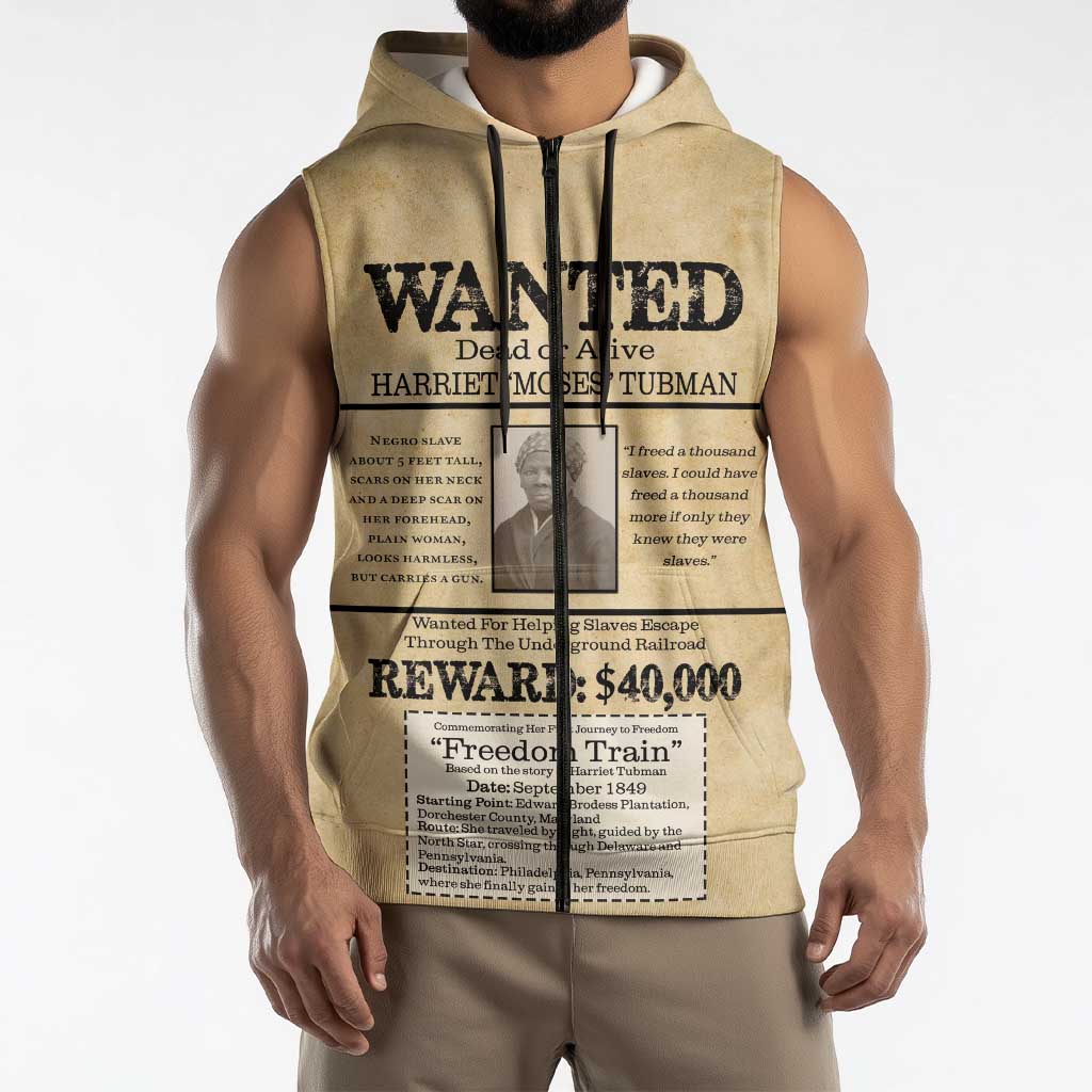 WANTED for Freedom Sleeveless Zip Hoodie Harriet Moses Tubman - Wonder Print Shop