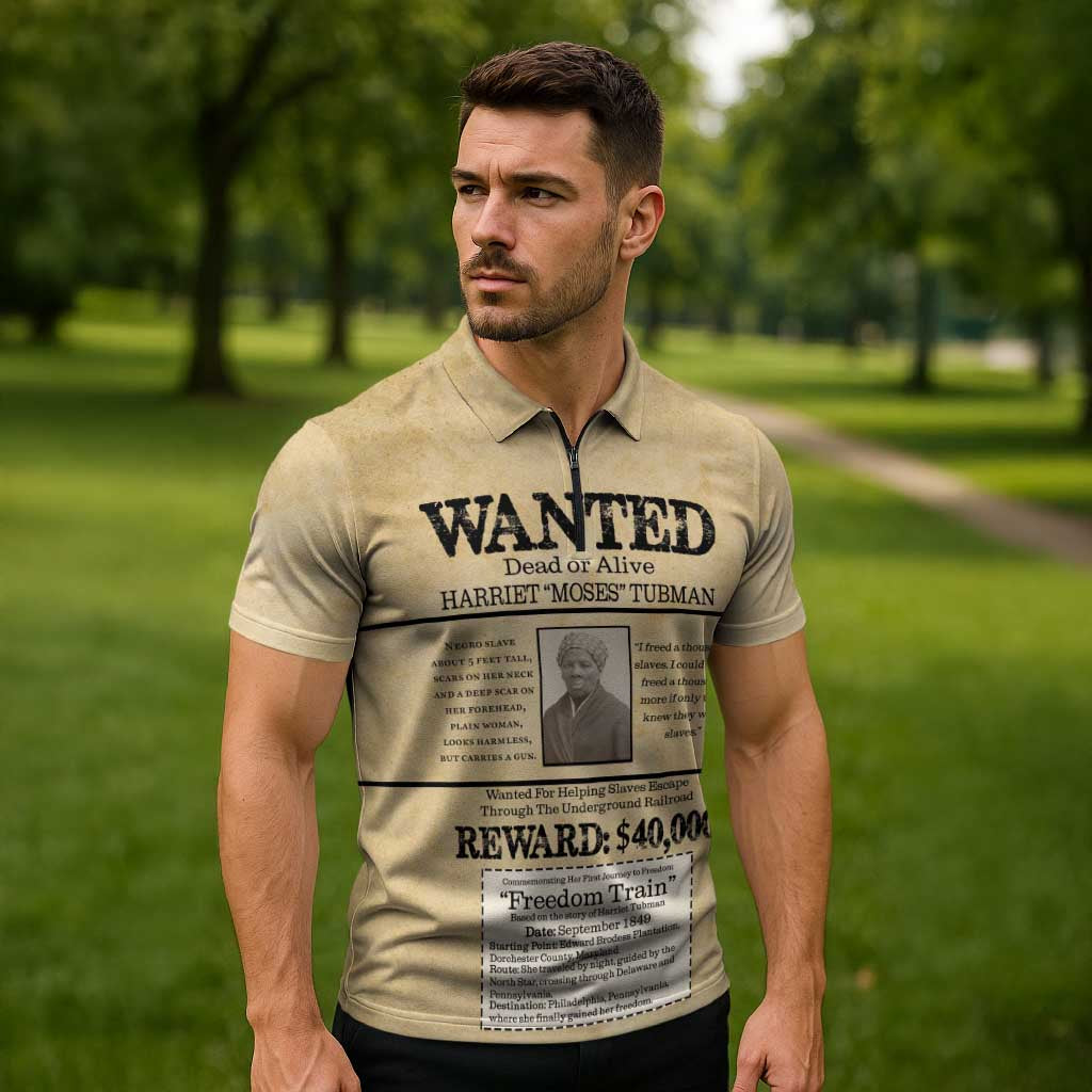 WANTED for Freedom Zipper Polo Shirt Harriet Moses Tubman - Wonder Print Shop