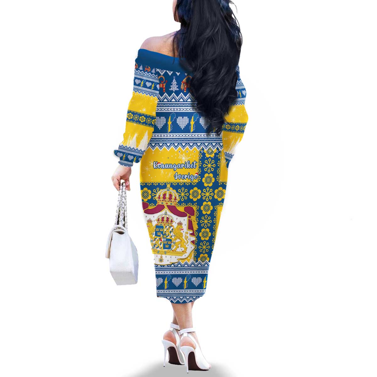 Sweden Christmas Family Matching Off The Shoulder Long Sleeve Dress and Hawaiian Shirt Coat Of Arms - Scandinavian Pattern - Wonder Print Shop