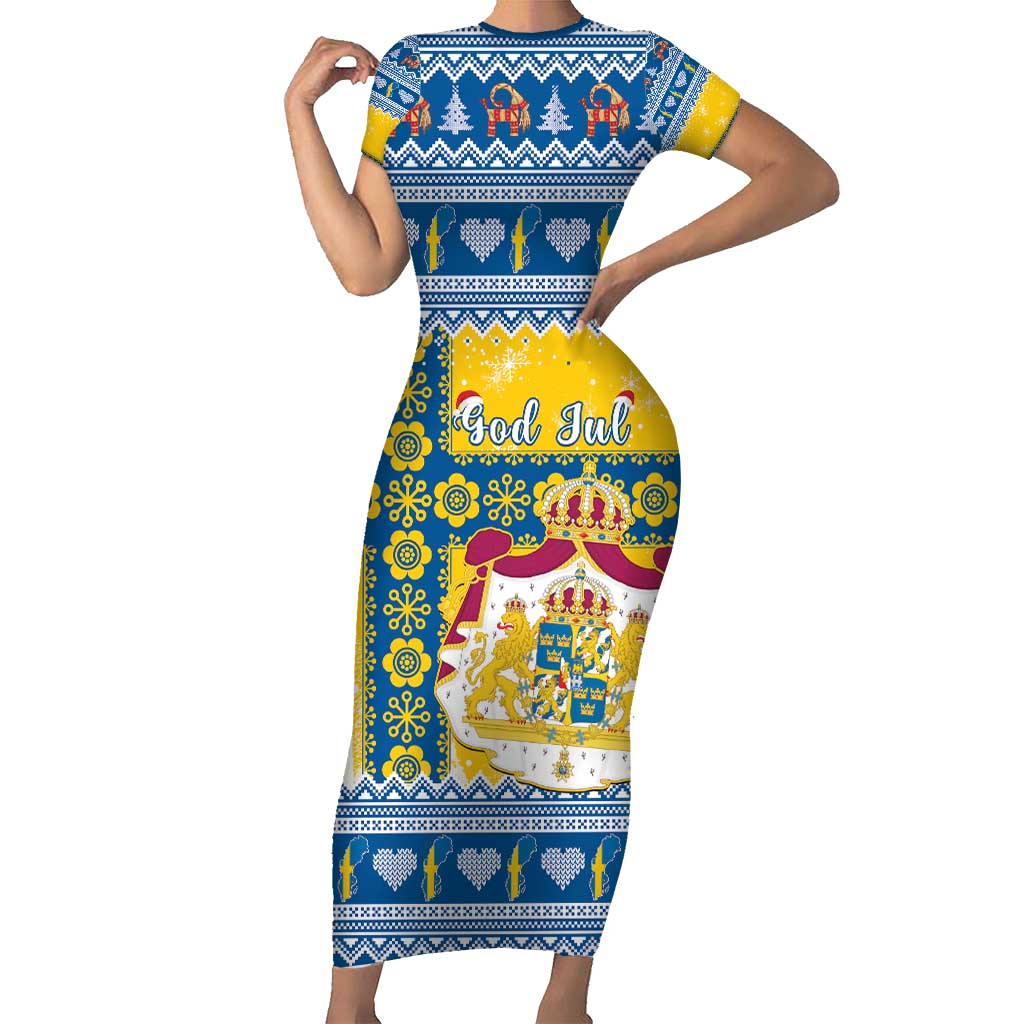 Sweden Christmas Family Matching Short Sleeve Bodycon Dress and Hawaiian Shirt Coat Of Arms - Scandinavian Pattern - Wonder Print Shop