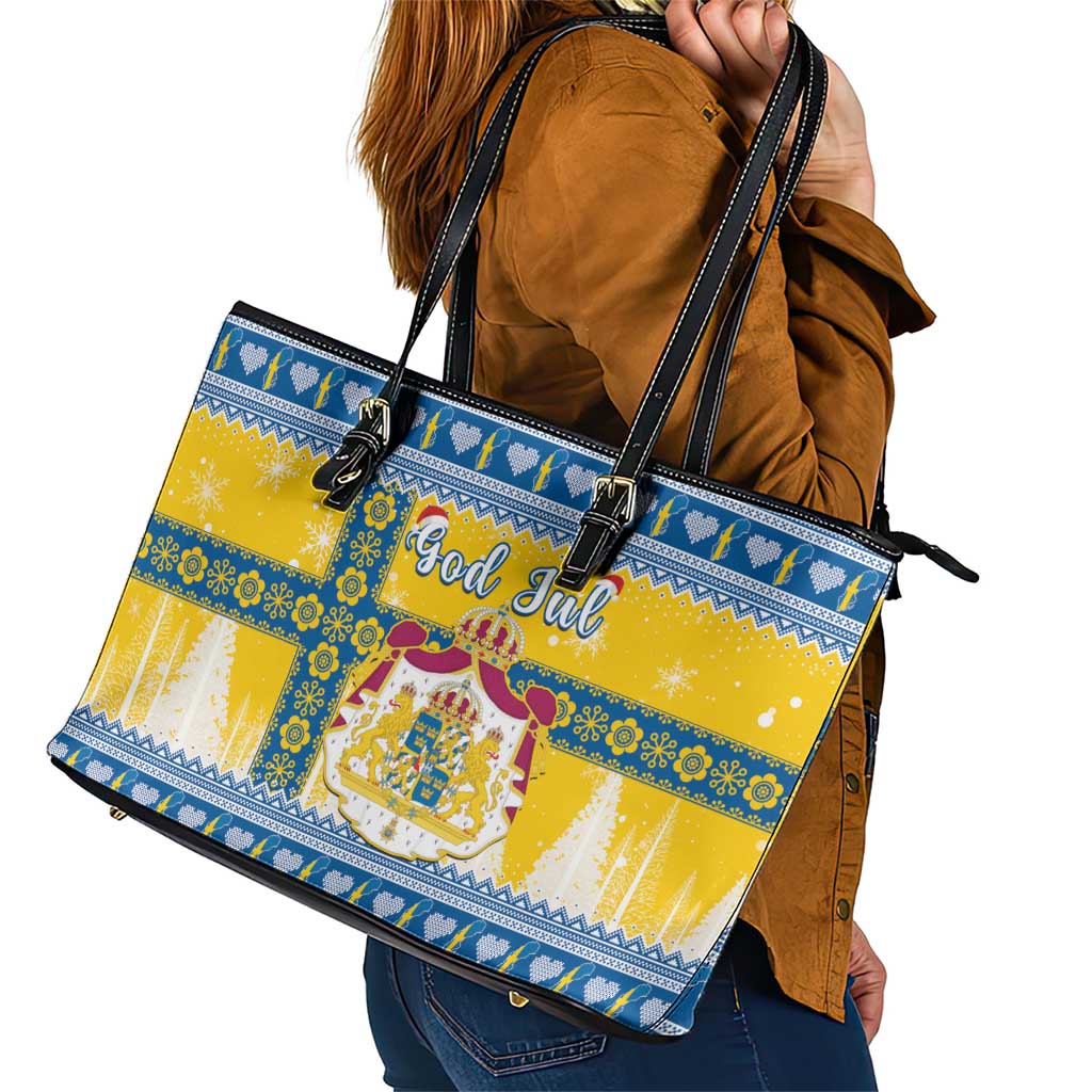 Sweden Christmas Leather Tote Bag Coat Of Arms - Scandinavian Pattern - Wonder Print Shop