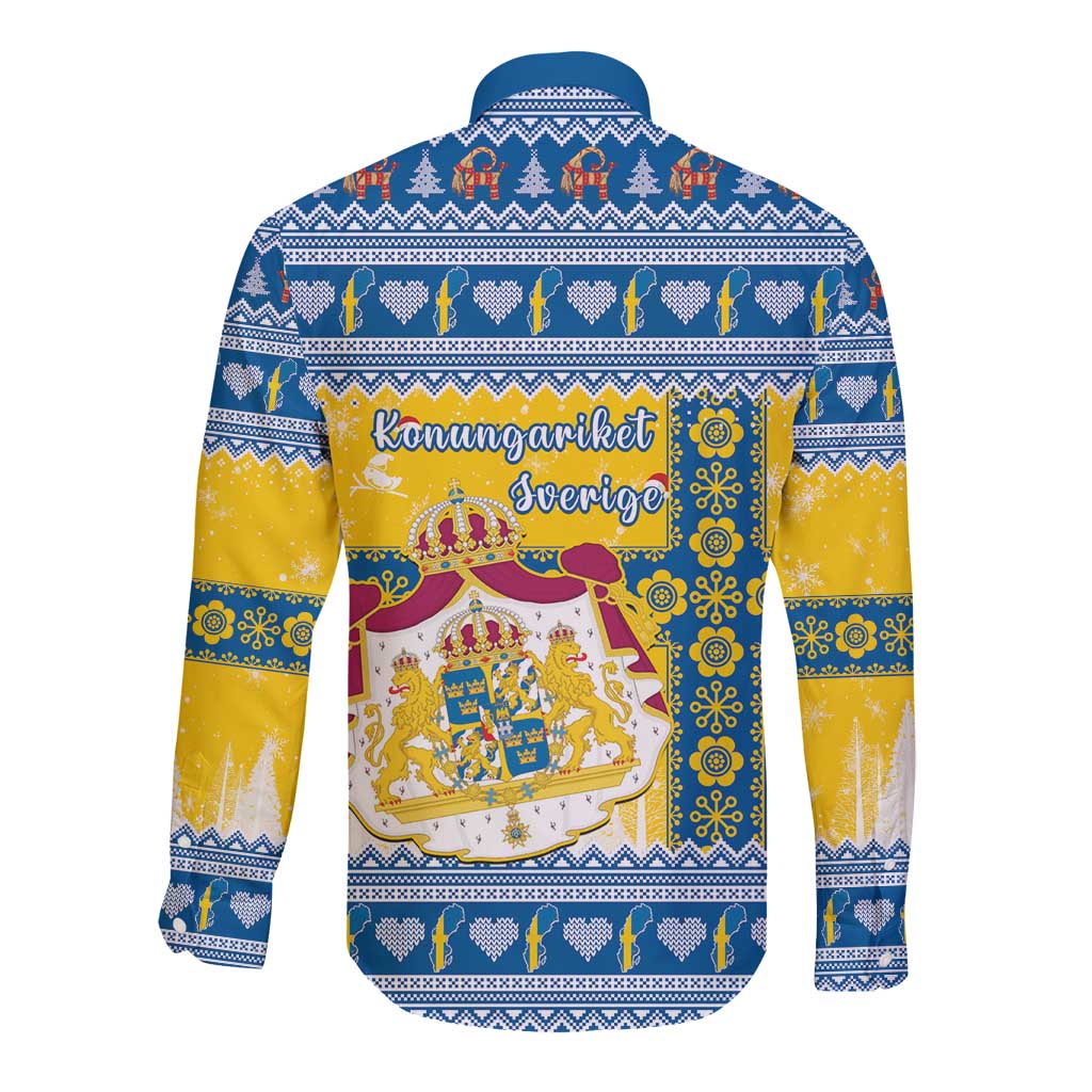 Sweden Christmas Long Sleeve Button Shirt Coat Of Arms - Scandinavian Pattern - Wonder Print Shop