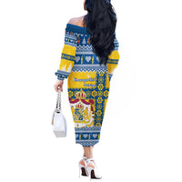 Sweden Christmas Off The Shoulder Long Sleeve Dress Coat Of Arms - Scandinavian Pattern - Wonder Print Shop