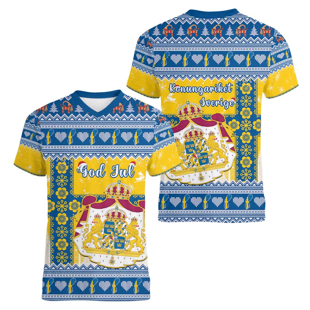 Sweden Christmas Women V-Neck T-Shirt Coat Of Arms - Scandinavian Pattern - Wonder Print Shop