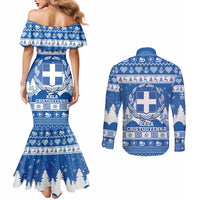Greece Christmas Couples Matching Mermaid Dress and Long Sleeve Button Shirt Coat Of Arms Kala Cristouyenna