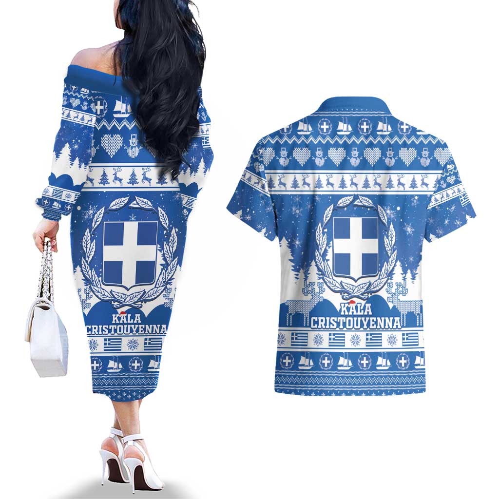 Greece Christmas Couples Matching Off The Shoulder Long Sleeve Dress and Hawaiian Shirt Coat Of Arms Kala Cristouyenna - Wonder Print Shop
