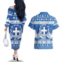 Greece Christmas Couples Matching Off The Shoulder Long Sleeve Dress and Hawaiian Shirt Coat Of Arms Kala Cristouyenna - Wonder Print Shop