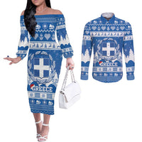 Greece Christmas Couples Matching Off The Shoulder Long Sleeve Dress and Long Sleeve Button Shirt Coat Of Arms Kala Cristouyenna