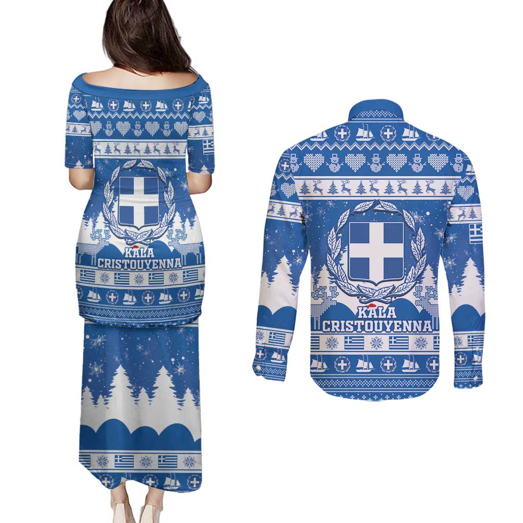 Greece Christmas Couples Matching Puletasi and Long Sleeve Button Shirt Coat Of Arms Kala Cristouyenna - Wonder Print Shop