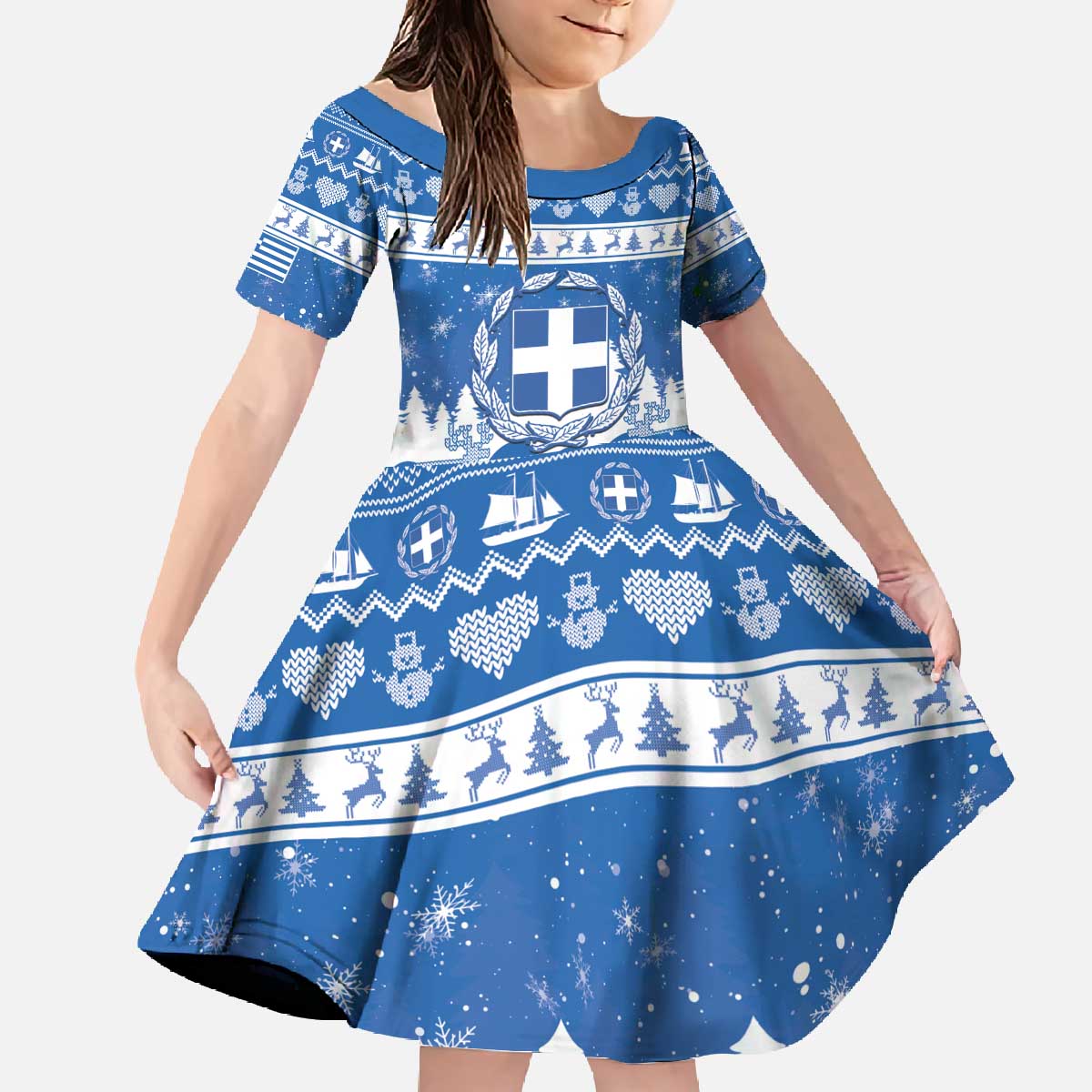 Greece Christmas Family Matching Off The Shoulder Long Sleeve Dress and Hawaiian Shirt Coat Of Arms Kala Cristouyenna - Wonder Print Shop