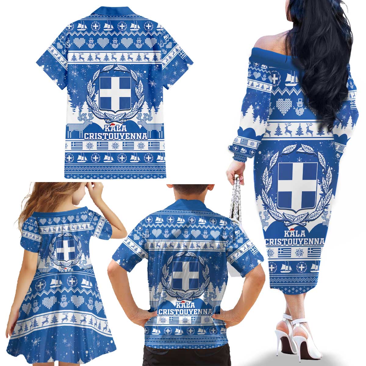 Greece Christmas Family Matching Off The Shoulder Long Sleeve Dress and Hawaiian Shirt Coat Of Arms Kala Cristouyenna - Wonder Print Shop