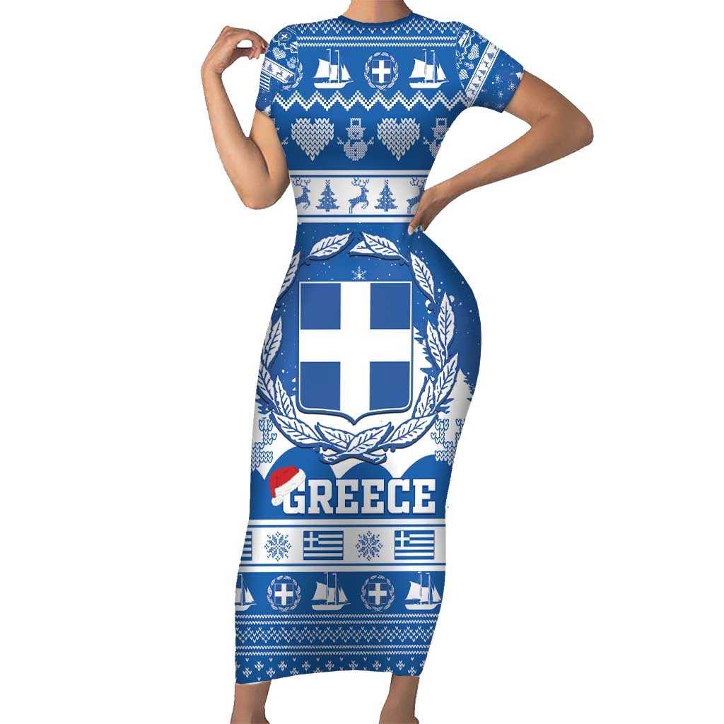 Greece Christmas Family Matching Short Sleeve Bodycon Dress and Hawaiian Shirt Coat Of Arms Kala Cristouyenna - Wonder Print Shop
