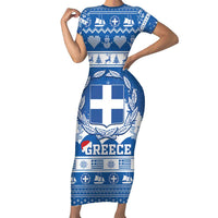 Greece Christmas Family Matching Short Sleeve Bodycon Dress and Hawaiian Shirt Coat Of Arms Kala Cristouyenna - Wonder Print Shop
