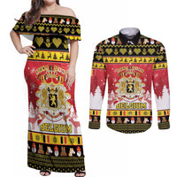 Belgium Christmas Couples Matching Off Shoulder Maxi Dress and Long Sleeve Button Shirt Coat Of Arms Vrolijk Kerstfeest - Wonder Print Shop
