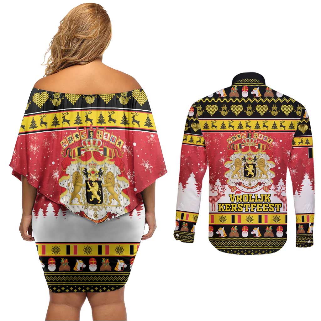 Belgium Christmas Couples Matching Off Shoulder Short Dress and Long Sleeve Button Shirt Coat Of Arms Vrolijk Kerstfeest - Wonder Print Shop