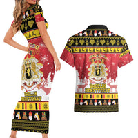 Belgium Christmas Couples Matching Short Sleeve Bodycon Dress and Hawaiian Shirt Coat Of Arms Vrolijk Kerstfeest - Wonder Print Shop