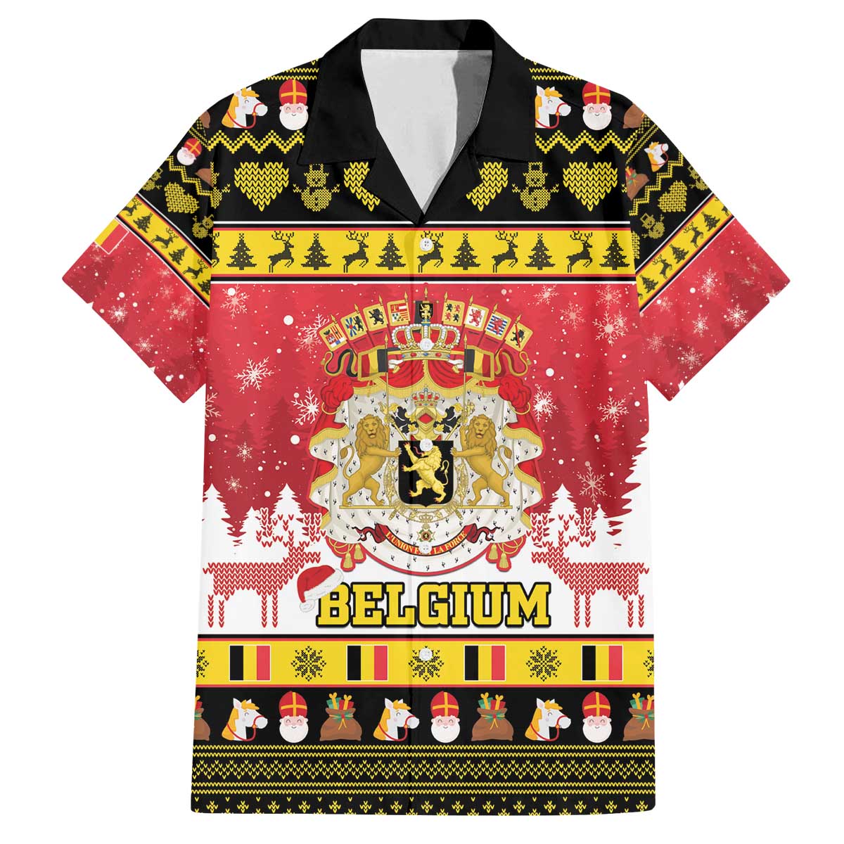 Belgium Christmas Family Matching Off The Shoulder Long Sleeve Dress and Hawaiian Shirt Coat Of Arms Vrolijk Kerstfeest - Wonder Print Shop