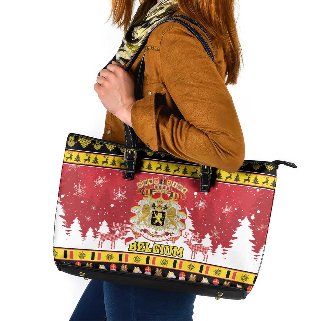 Belgium Christmas Leather Tote Bag Coat Of Arms Vrolijk Kerstfeest - Wonder Print Shop