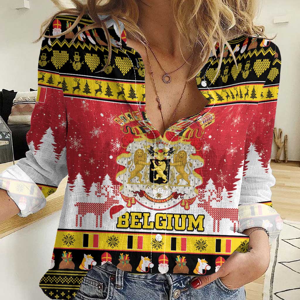 Belgium Christmas Women Casual Shirt Coat Of Arms Vrolijk Kerstfeest - Wonder Print Shop