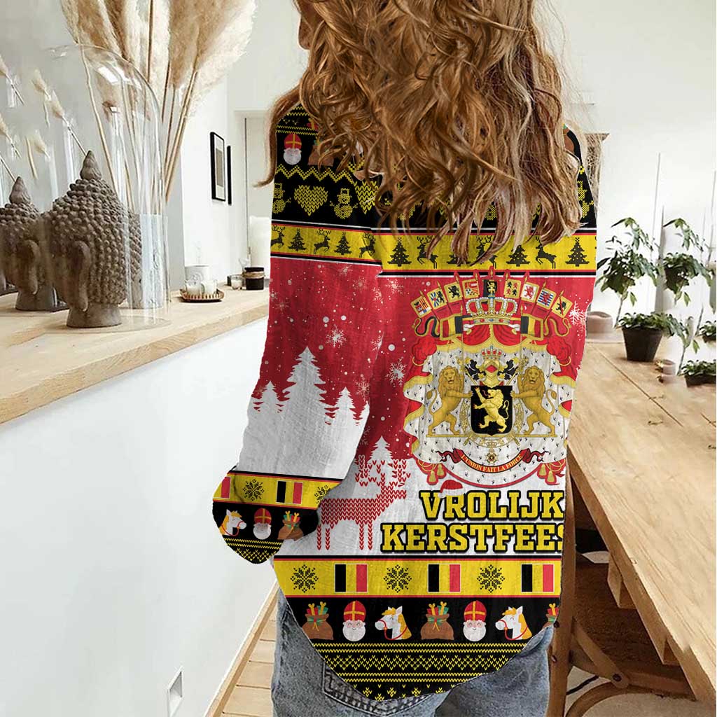 Belgium Christmas Women Casual Shirt Coat Of Arms Vrolijk Kerstfeest - Wonder Print Shop
