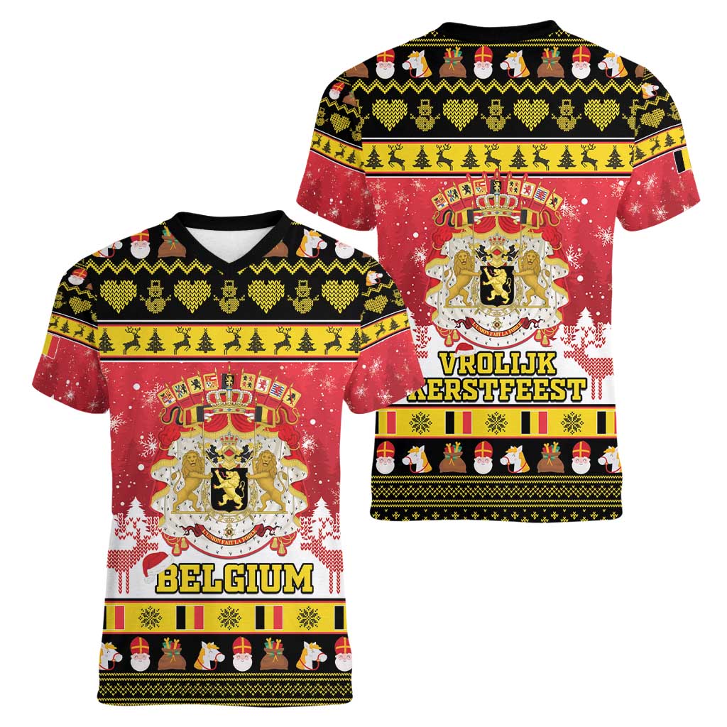 Belgium Christmas Women V-Neck T-Shirt Coat Of Arms Vrolijk Kerstfeest - Wonder Print Shop