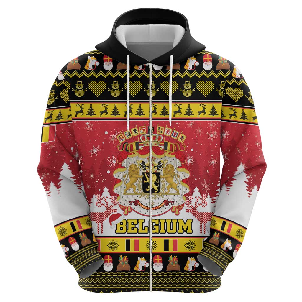 Belgium Christmas Zip Hoodie Coat Of Arms Vrolijk Kerstfeest - Wonder Print Shop