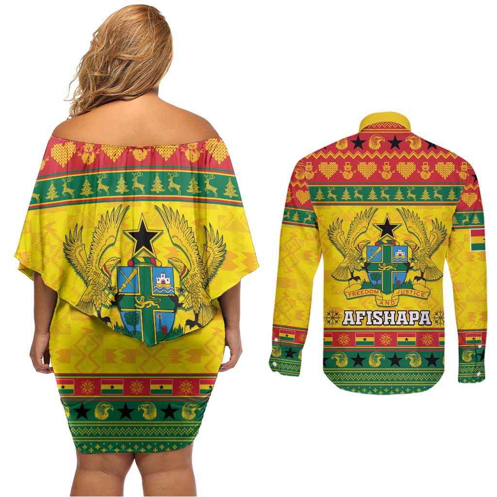 Ghana Christmas Couples Matching Off Shoulder Short Dress and Long Sleeve Button Shirt Coat Of Arms Afishapa - Wonder Print Shop