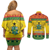 Ghana Christmas Couples Matching Off Shoulder Short Dress and Long Sleeve Button Shirt Coat Of Arms Afishapa - Wonder Print Shop