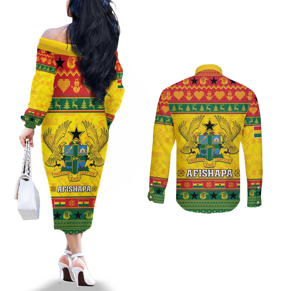 Ghana Christmas Couples Matching Off The Shoulder Long Sleeve Dress and Long Sleeve Button Shirt Coat Of Arms Afishapa