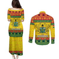 Ghana Christmas Couples Matching Puletasi and Long Sleeve Button Shirt Coat Of Arms Afishapa - Wonder Print Shop