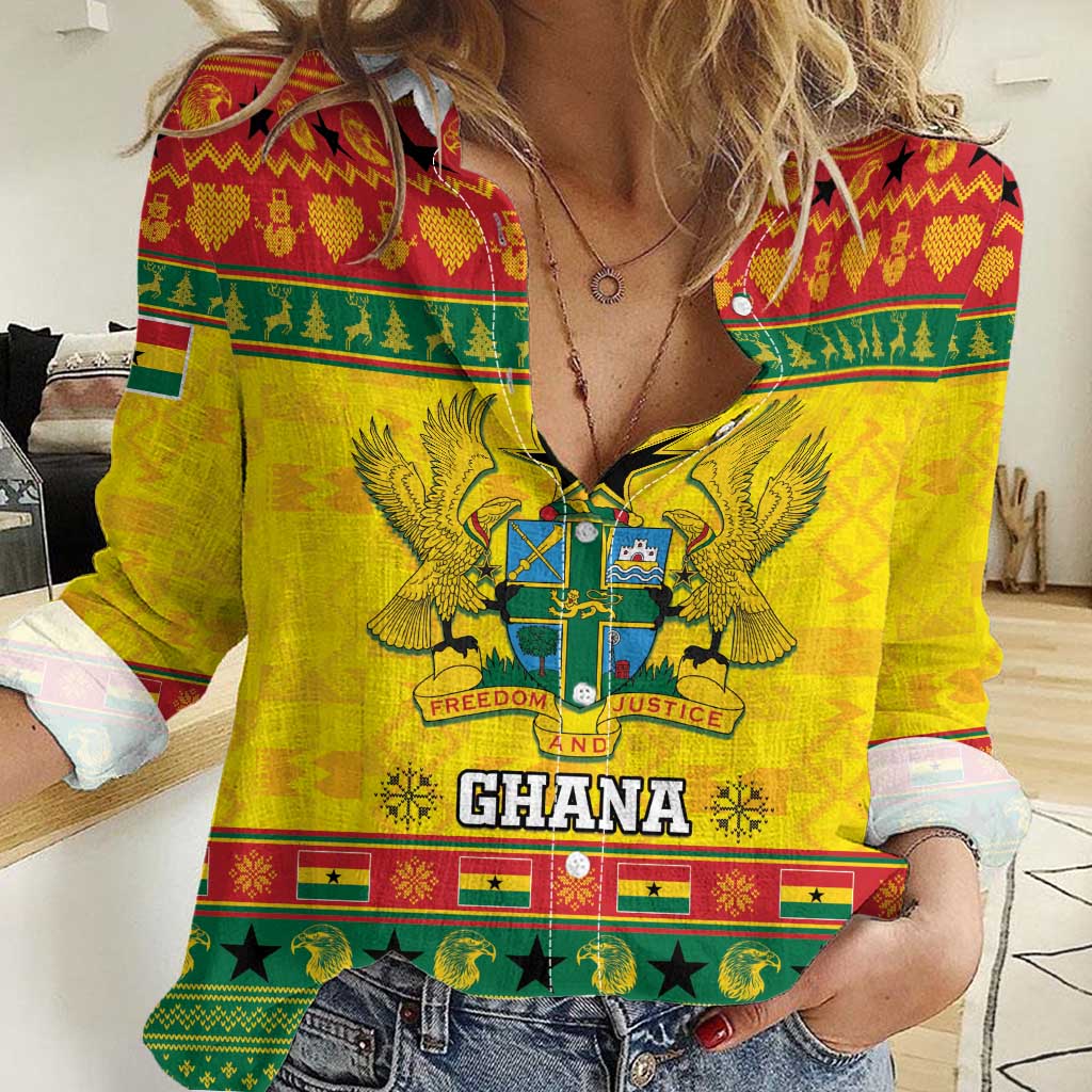Ghana Christmas Women Casual Shirt Coat Of Arms Afishapa - Wonder Print Shop