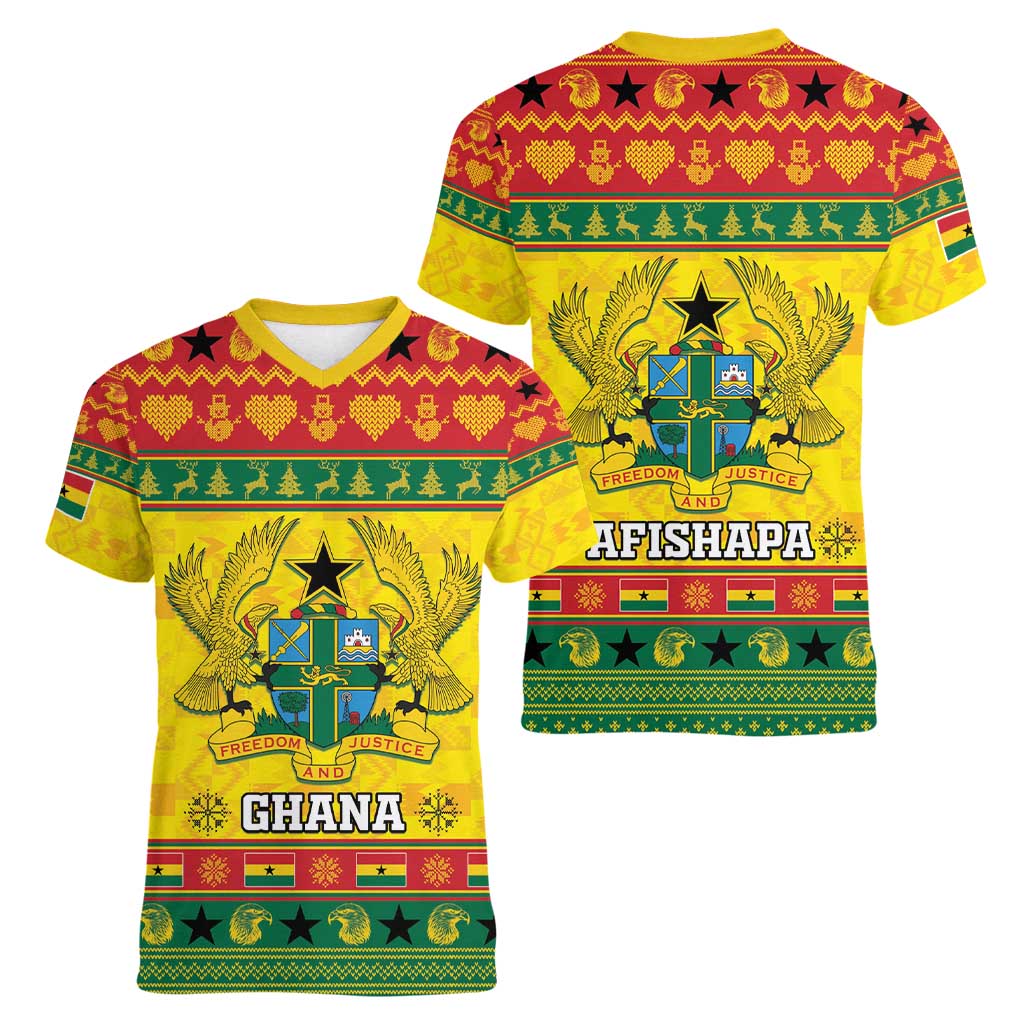 Ghana Christmas Women V-Neck T-Shirt Coat Of Arms Afishapa - Wonder Print Shop
