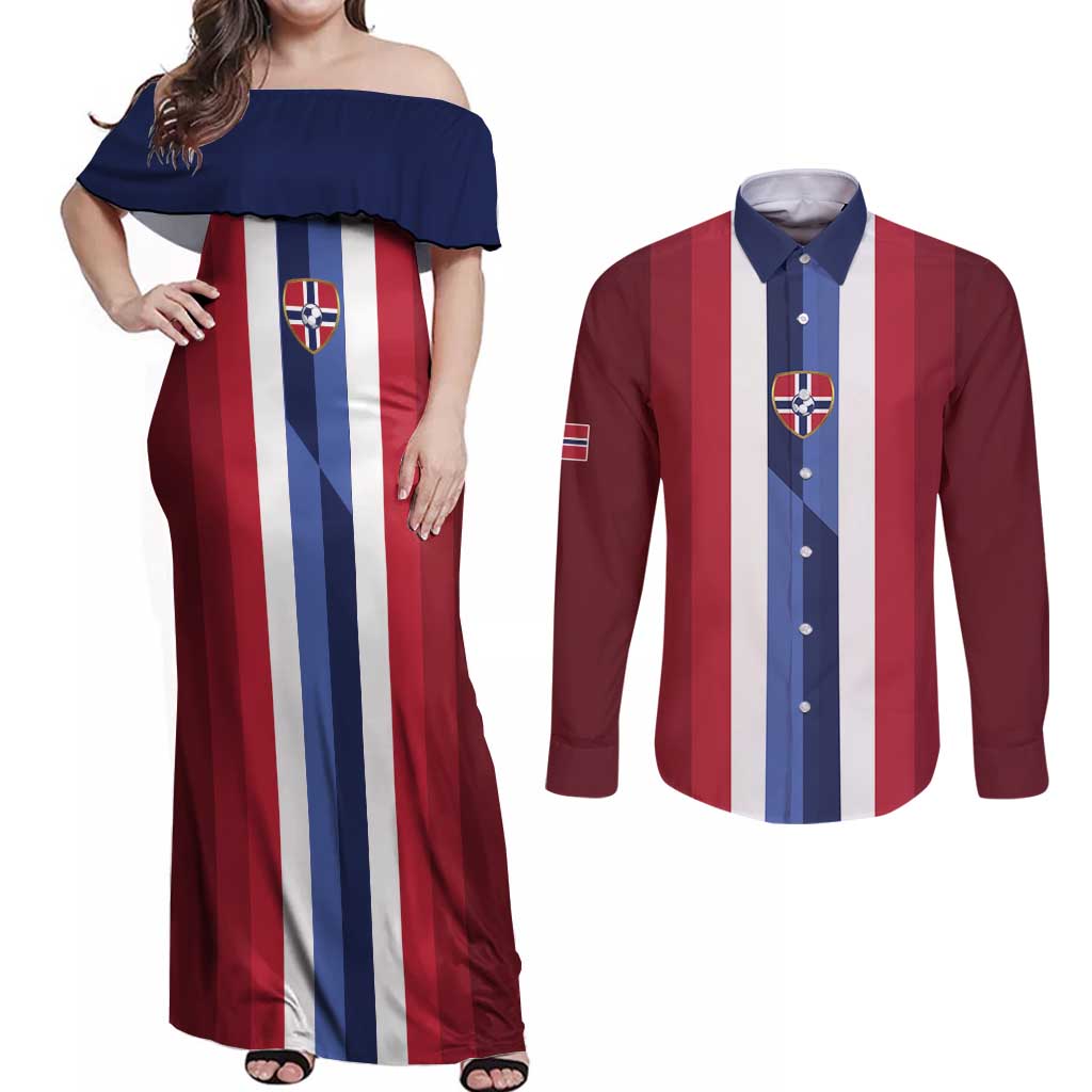 Custom Norway Football 2026 Couples Matching Off Shoulder Maxi Dress and Long Sleeve Button Shirt Road To Champions - Wonder Print Shop