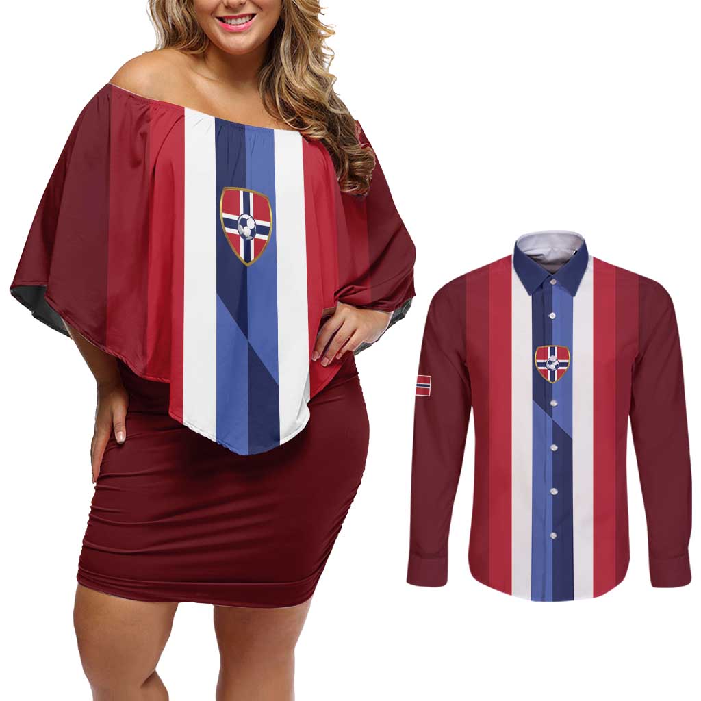 Custom Norway Football 2026 Couples Matching Off Shoulder Short Dress and Long Sleeve Button Shirt Road To Champions - Wonder Print Shop