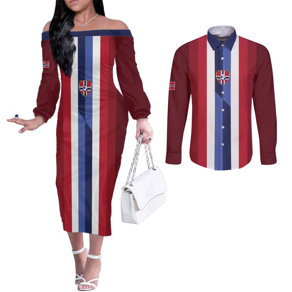 Custom Norway Football 2026 Couples Matching Off The Shoulder Long Sleeve Dress and Long Sleeve Button Shirt Road To Champions - Wonder Print Shop