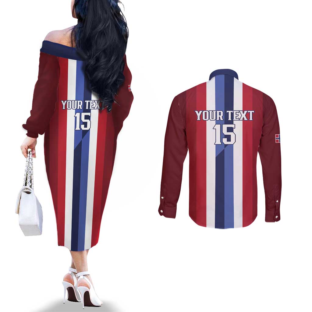 Custom Norway Football 2026 Couples Matching Off The Shoulder Long Sleeve Dress and Long Sleeve Button Shirt Road To Champions - Wonder Print Shop