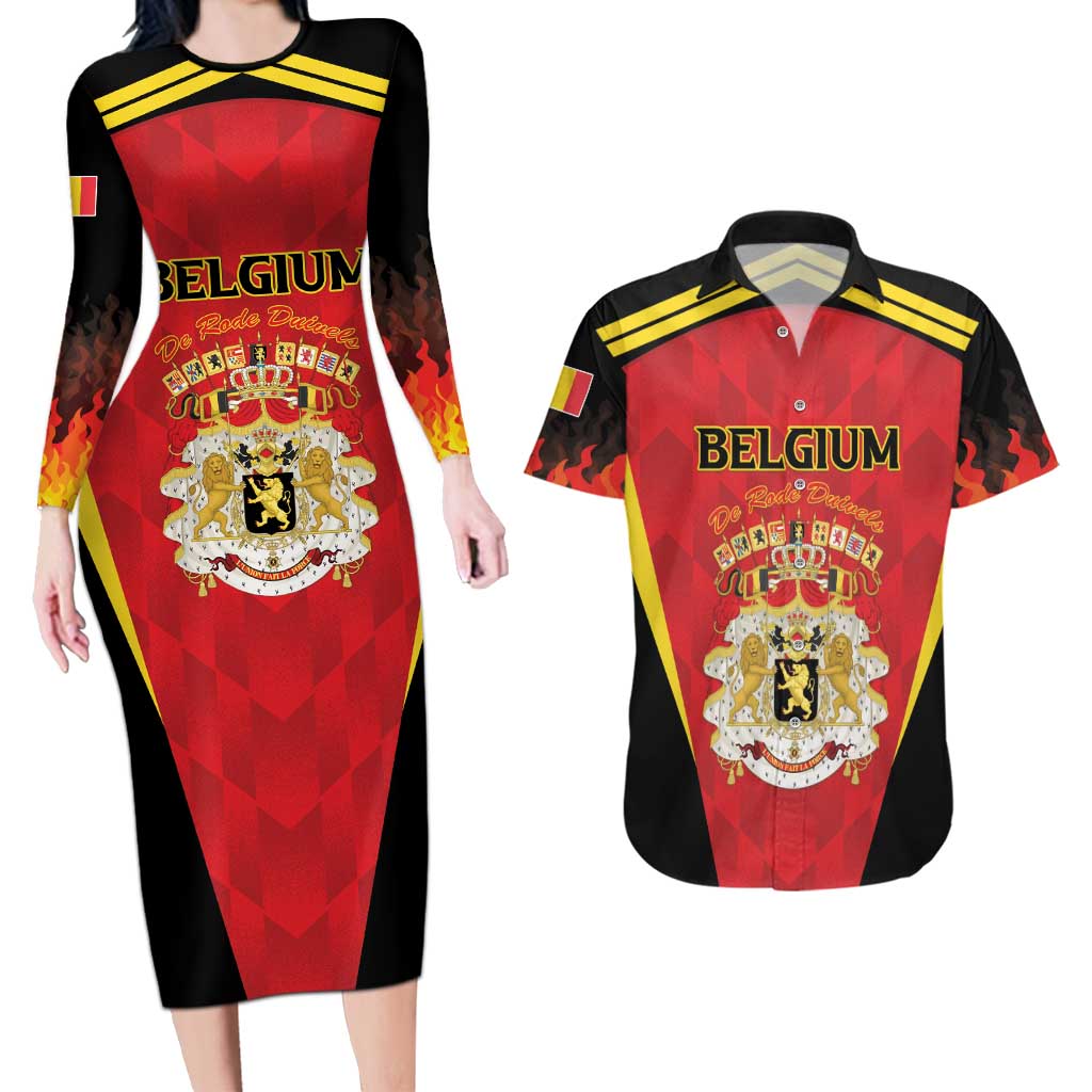 Custom Belgium Football 2026 Couples Matching Long Sleeve Bodycon Dress and Hawaiian Shirt Red Devils Pride - Wonder Print Shop